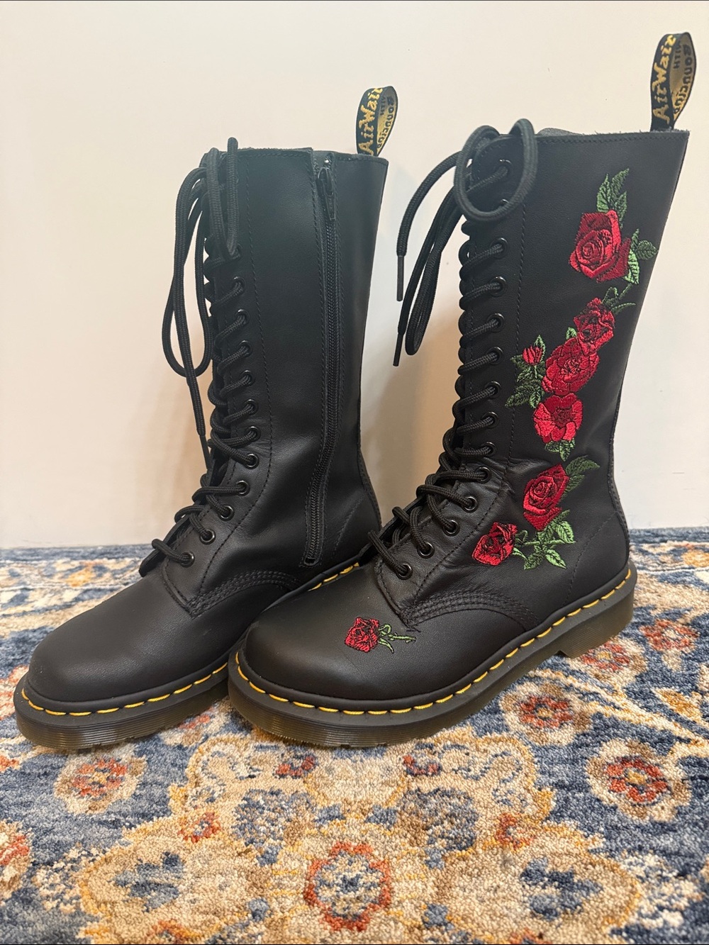 Dr. Martens Black Leather Lace-Up Boots with Red Rose Embroidery